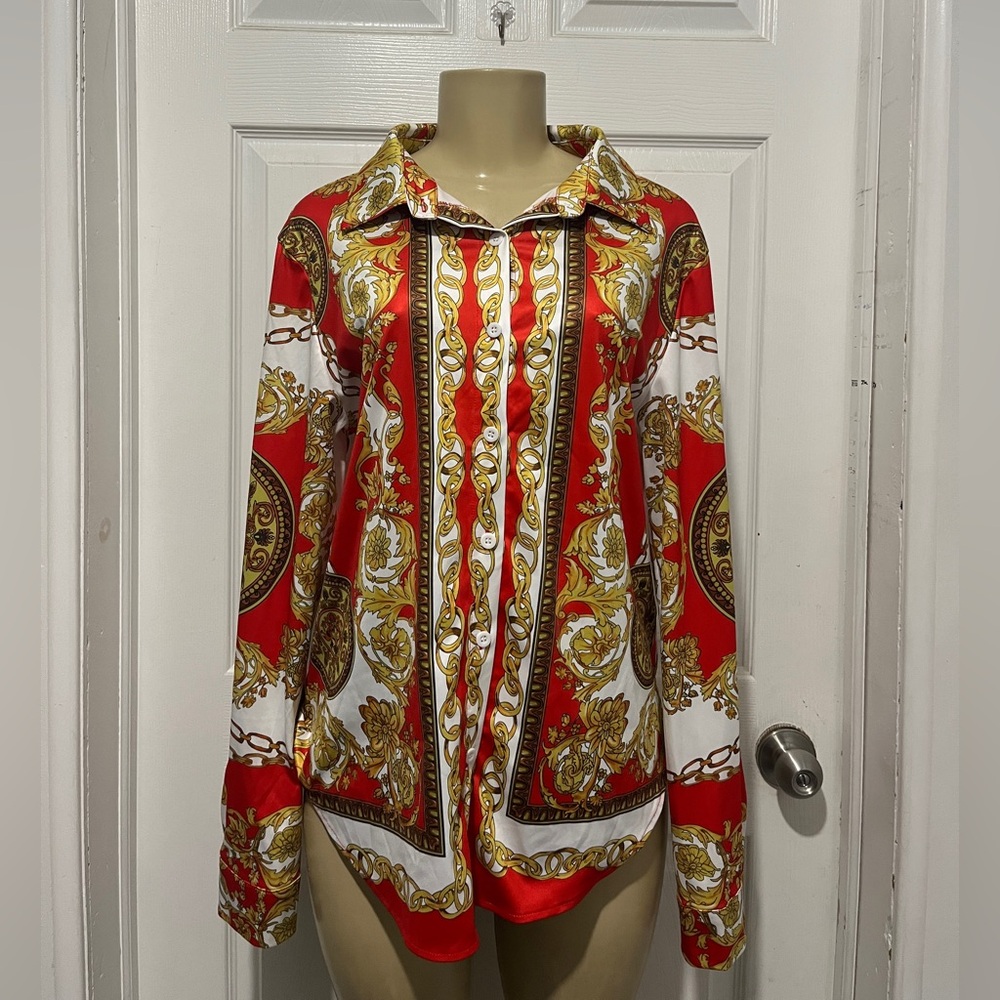 Red and Gold Print Blouse
